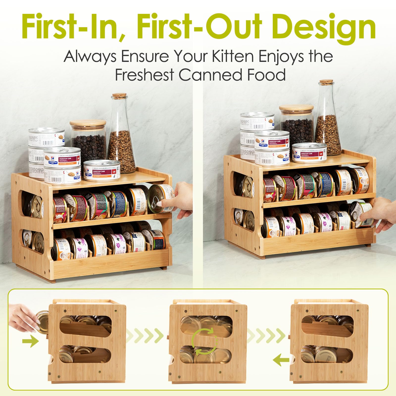 Coanto upgraded cat food organizer pantry setup demonstrates space-saving, FIFO rotation for freshness.