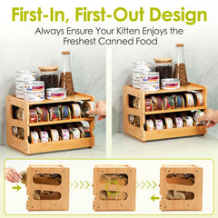Coanto upgraded cat food organizer pantry setup demonstrates space-saving, FIFO rotation for freshness.