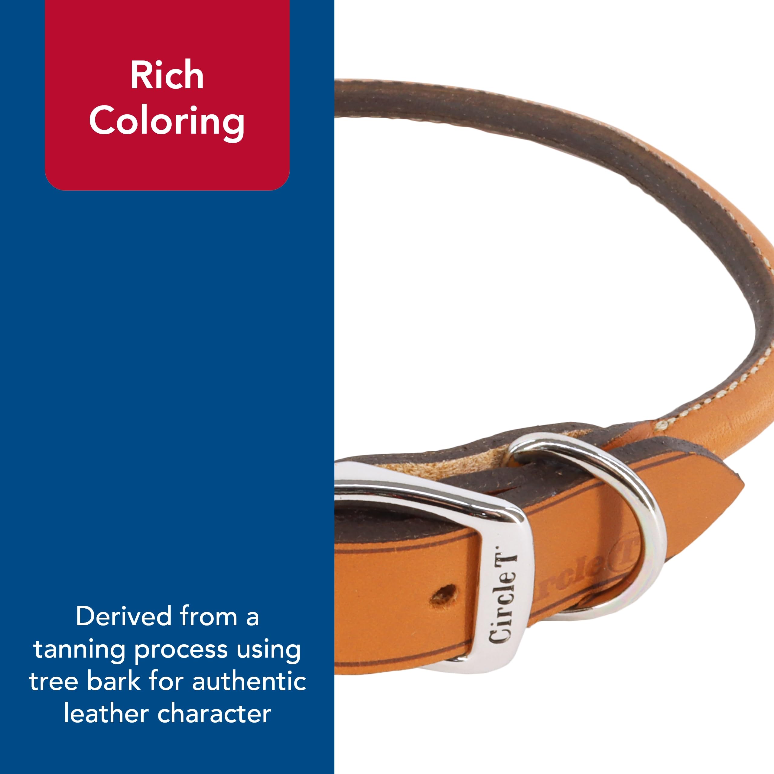 Coastal Circle T Oak Tanned Leather Round Dog Collar tan color complements coats