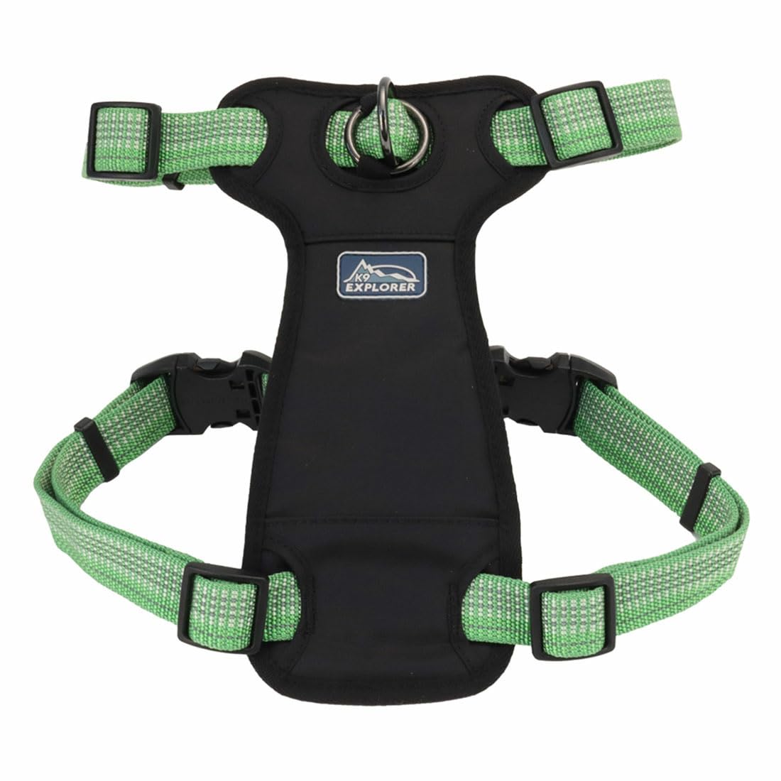 Coastal K-9 Explorer harness closeup shows meadow design and front-connection.