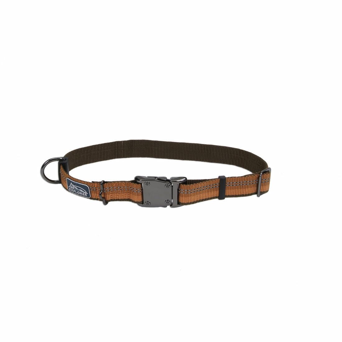 Coastal K9 Explorer Campfire Orange collar shows side-release buckle for quick on/off during hikes