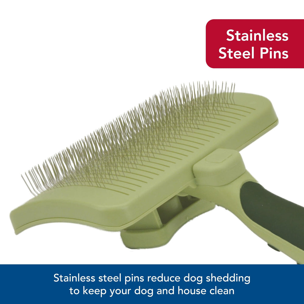 Coastal Pet Safari brush in use on dog coat demonstrates practical grooming routine.