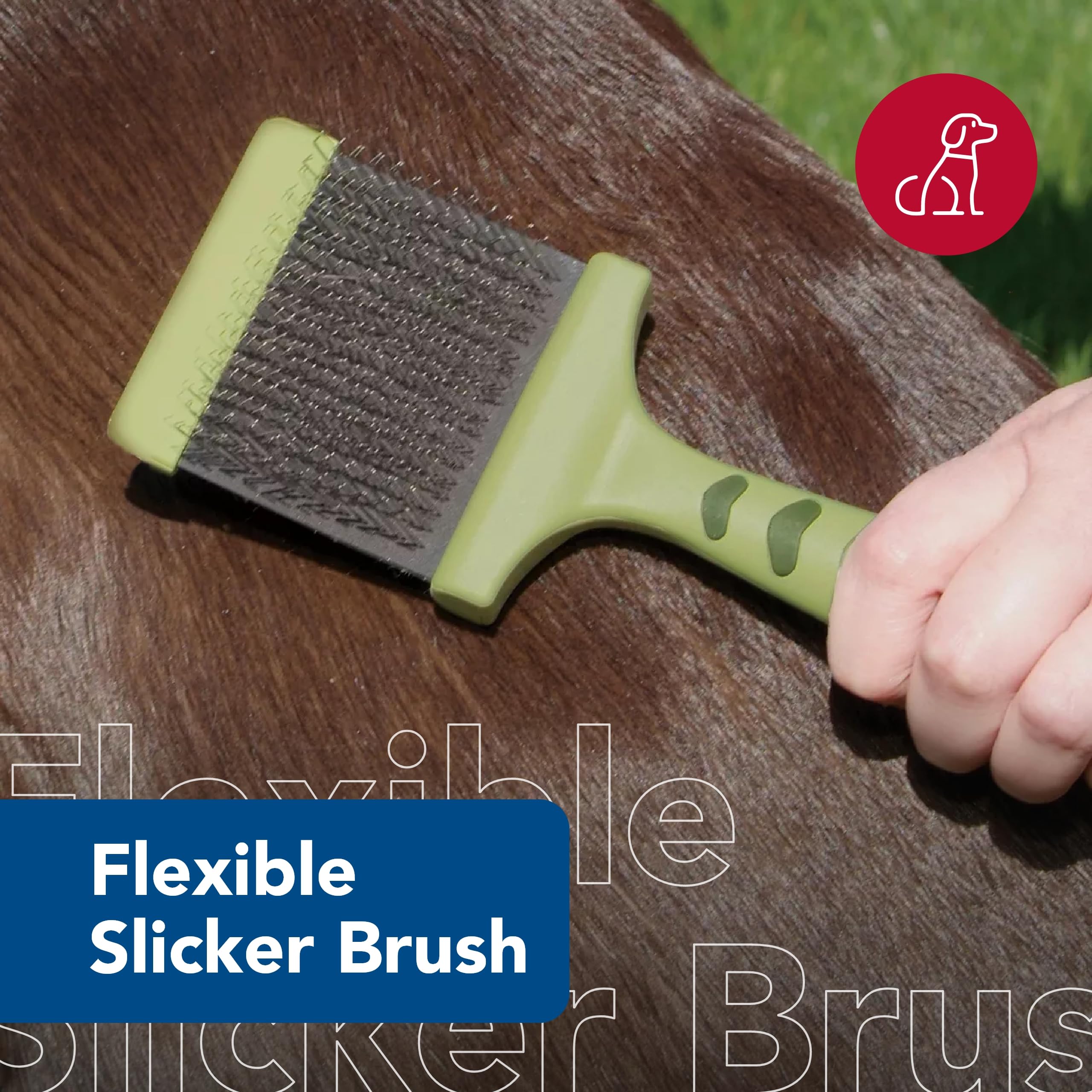 Coastal Pet Safari brush flexible head contours to a dog's body for comfortable grooming.