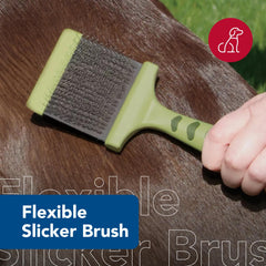 Coastal Pet Safari brush flexible head contours to a dog's body for comfortable grooming.