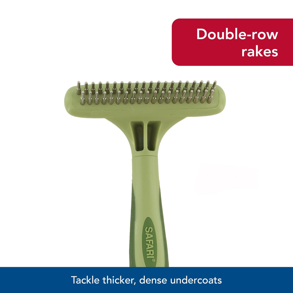 Coastal Pet Safari undercoat rake packaging display highlights product ready for home grooming.
