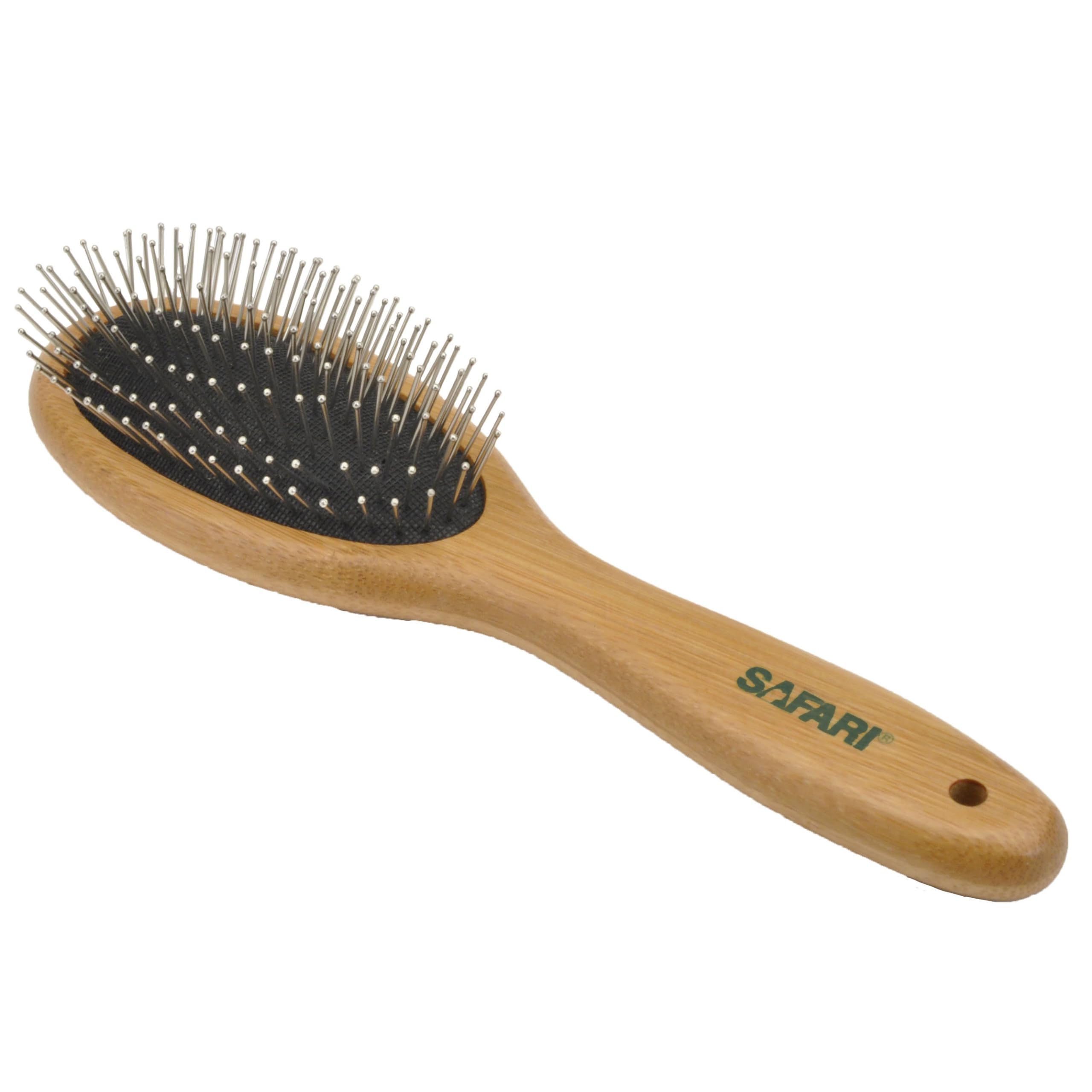 Coastal Pet Safari wire-pin brush closeup with bamboo handle for comfortable grooming.