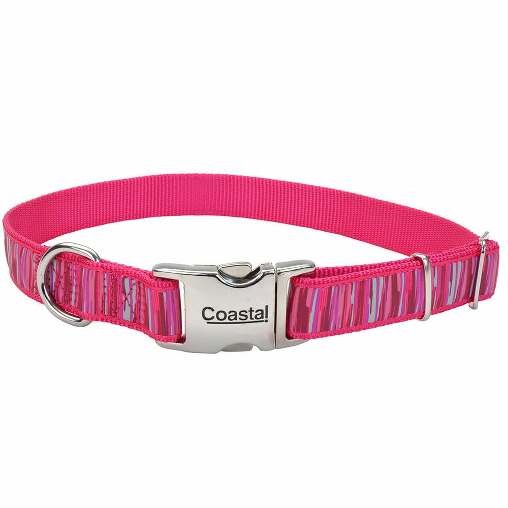 Coastal Ribbon Adjustable Dog Collar with metal buckle, pink flamingo stripe, durable for daily wear.