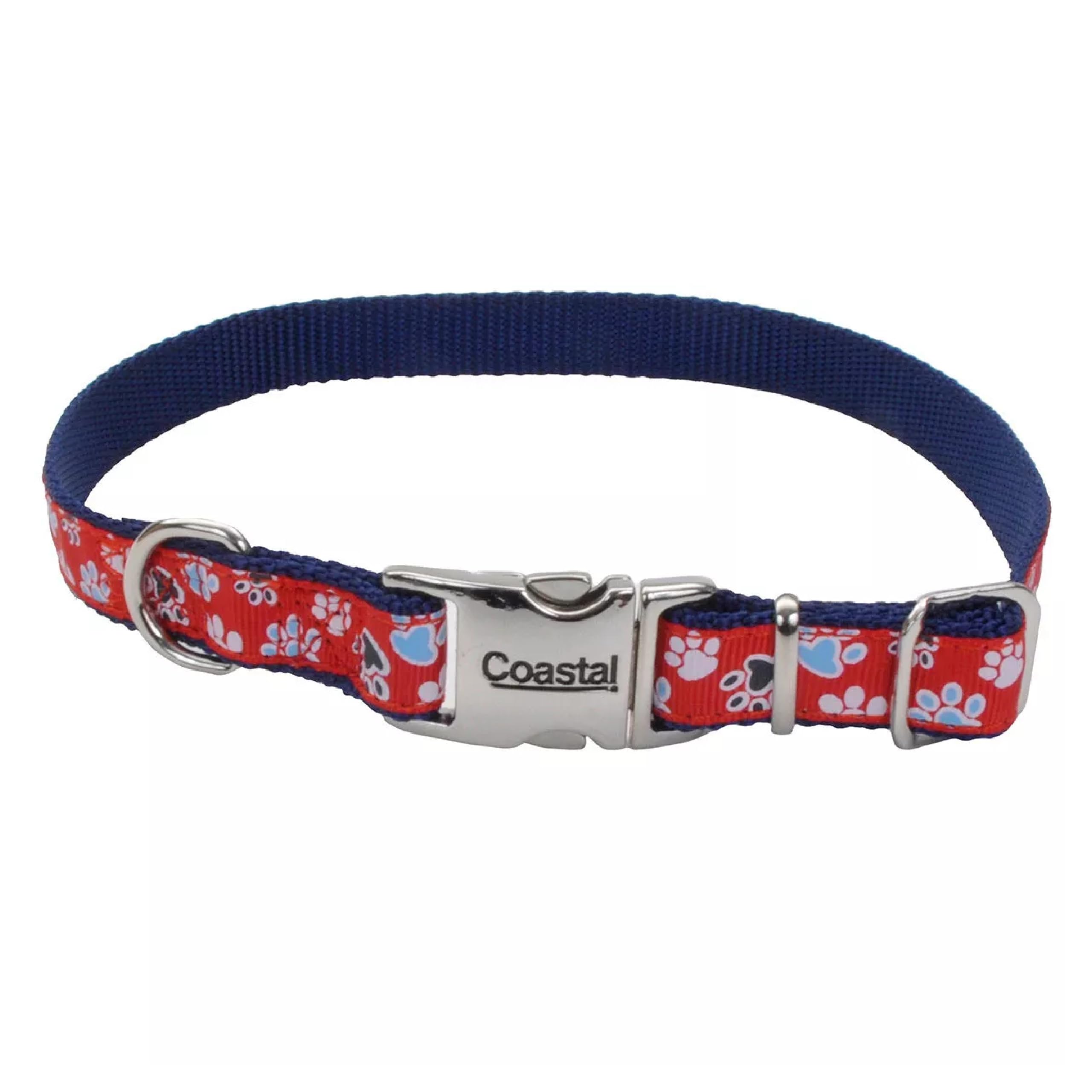Coastal Ribbon dog collar in red with paws and buckle for secure daily wear