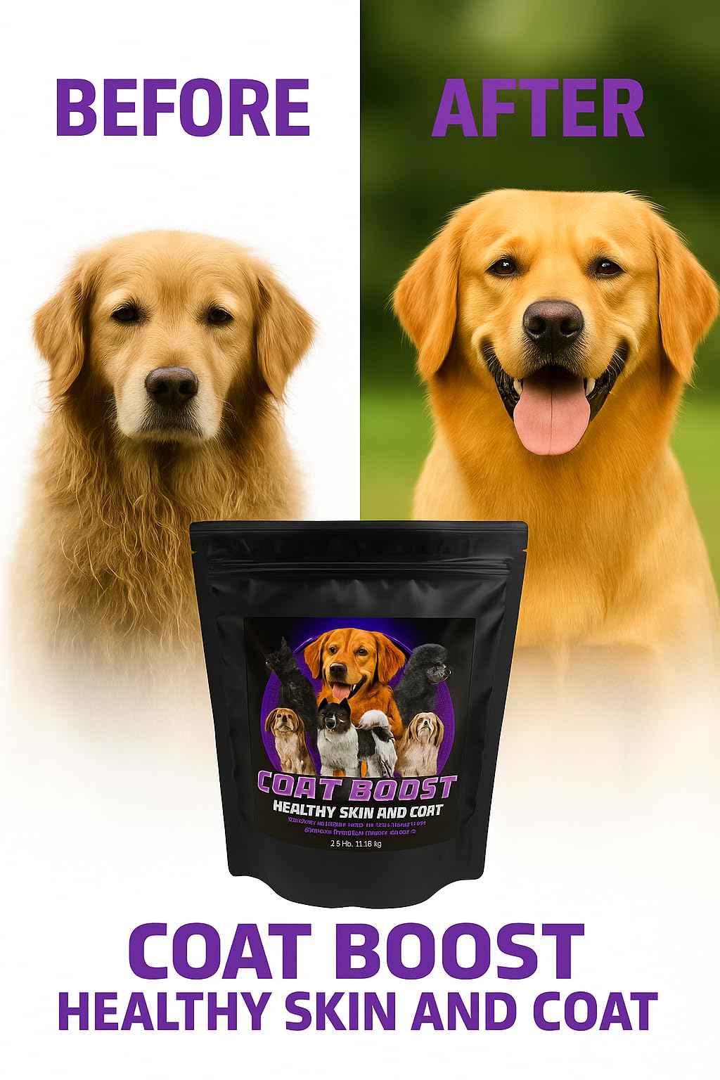 Canine Performance Nutrition Coat Boost dog-odor reduction closeup suggests fresher smell