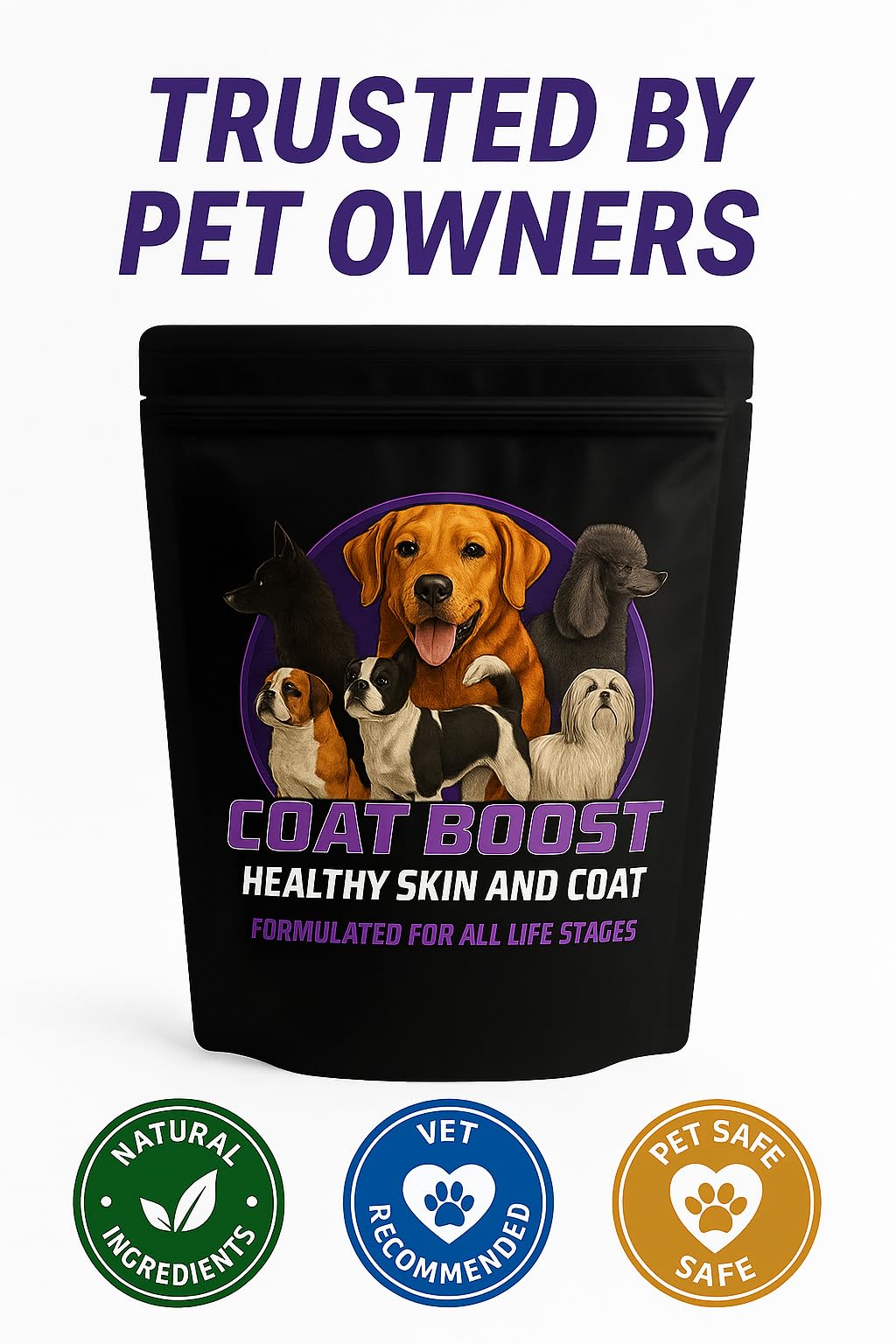 Canine Performance Nutrition Coat Boost packaging-5lb display shows size options