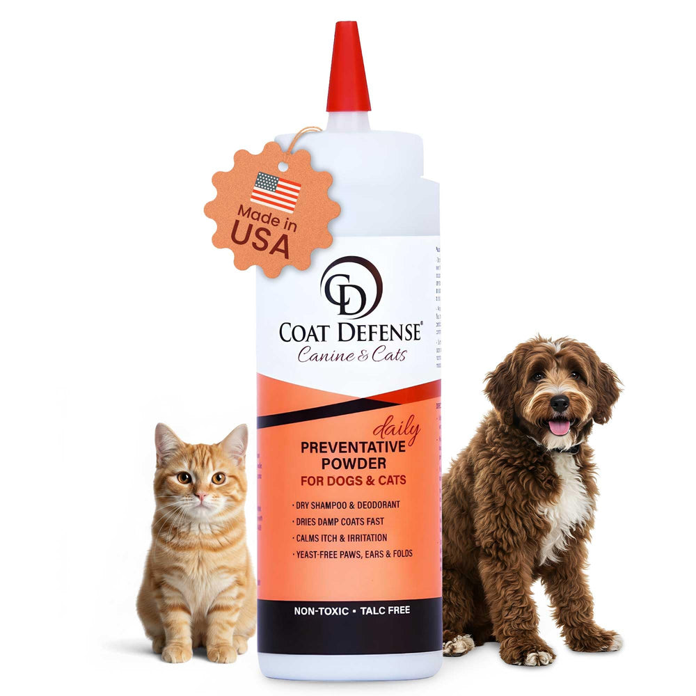 COAT DEFENSE Daily Powder bottle shown for easy daily use and moisture control.