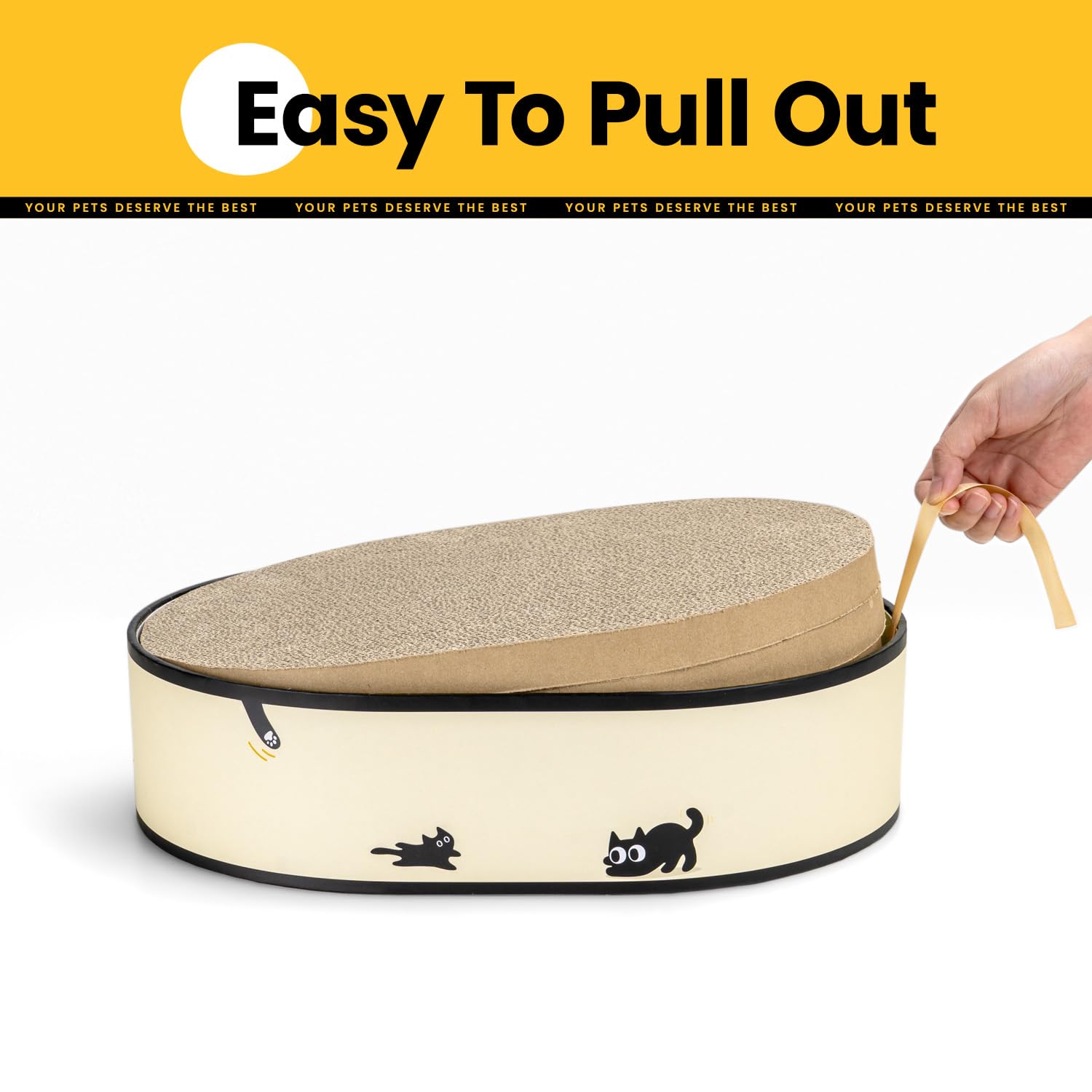 Coching cat scratcher box pull ribbon for easy initial setup reveal