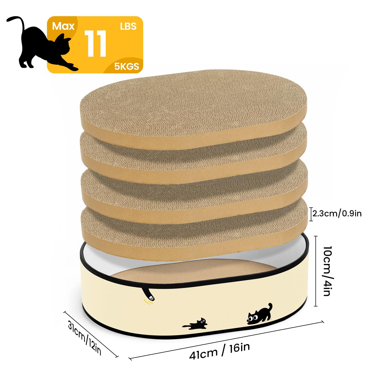 Coching cat scratcher box side view illustrating compact footprint for small spaces