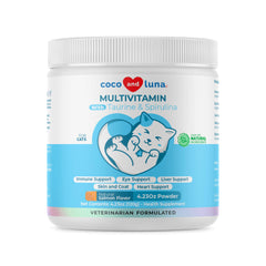 Coco and Luna cat multivitamin bottle label highlights 10-in-1 immune support blend