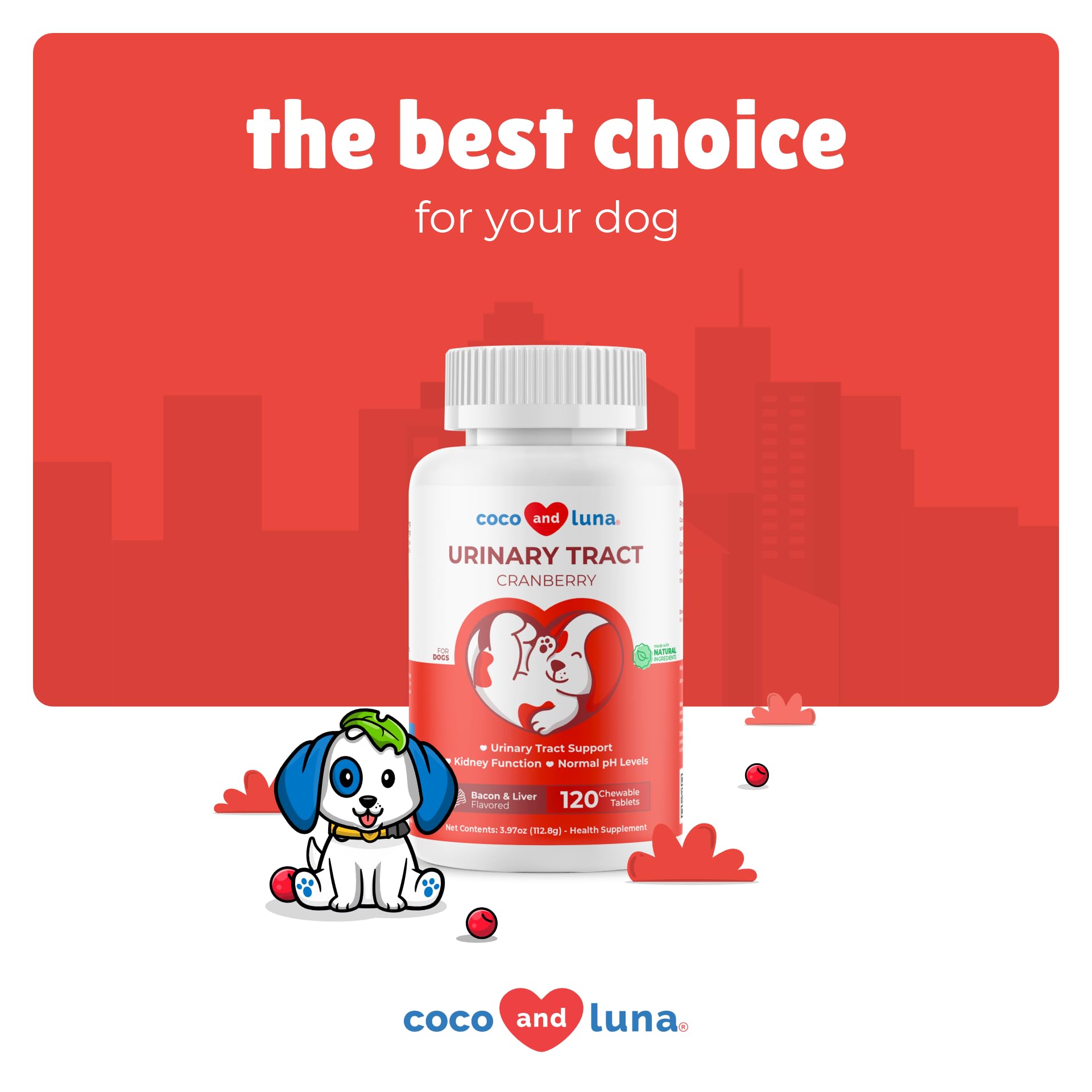 Coco and Luna cranberry tablets on counter with pills showing health-minded convenience