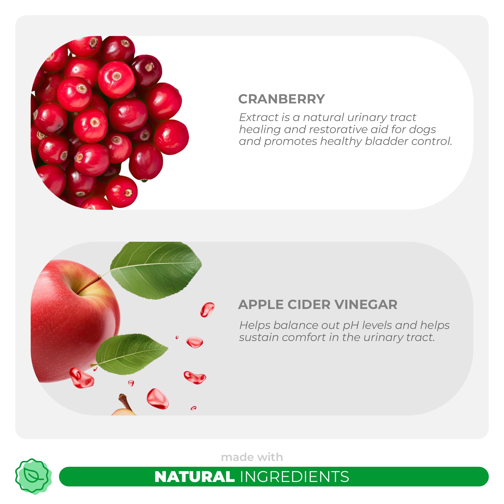 Coco and Luna cranberry tablets close view showing ingredients aiding urinary health