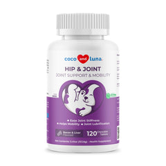 Coco and Luna dog joint supplement bottle supports mobility.