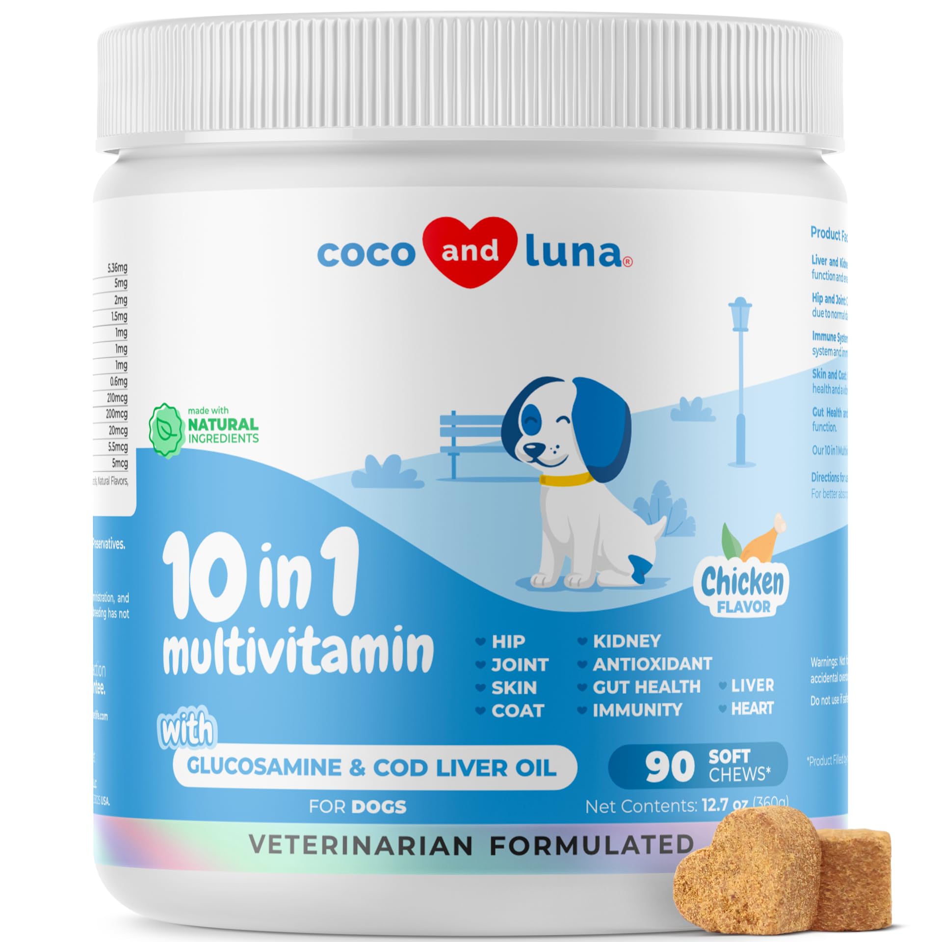 Coco and Luna dog multivitamin with digestive enzymes and probiotics supports daily gut health.