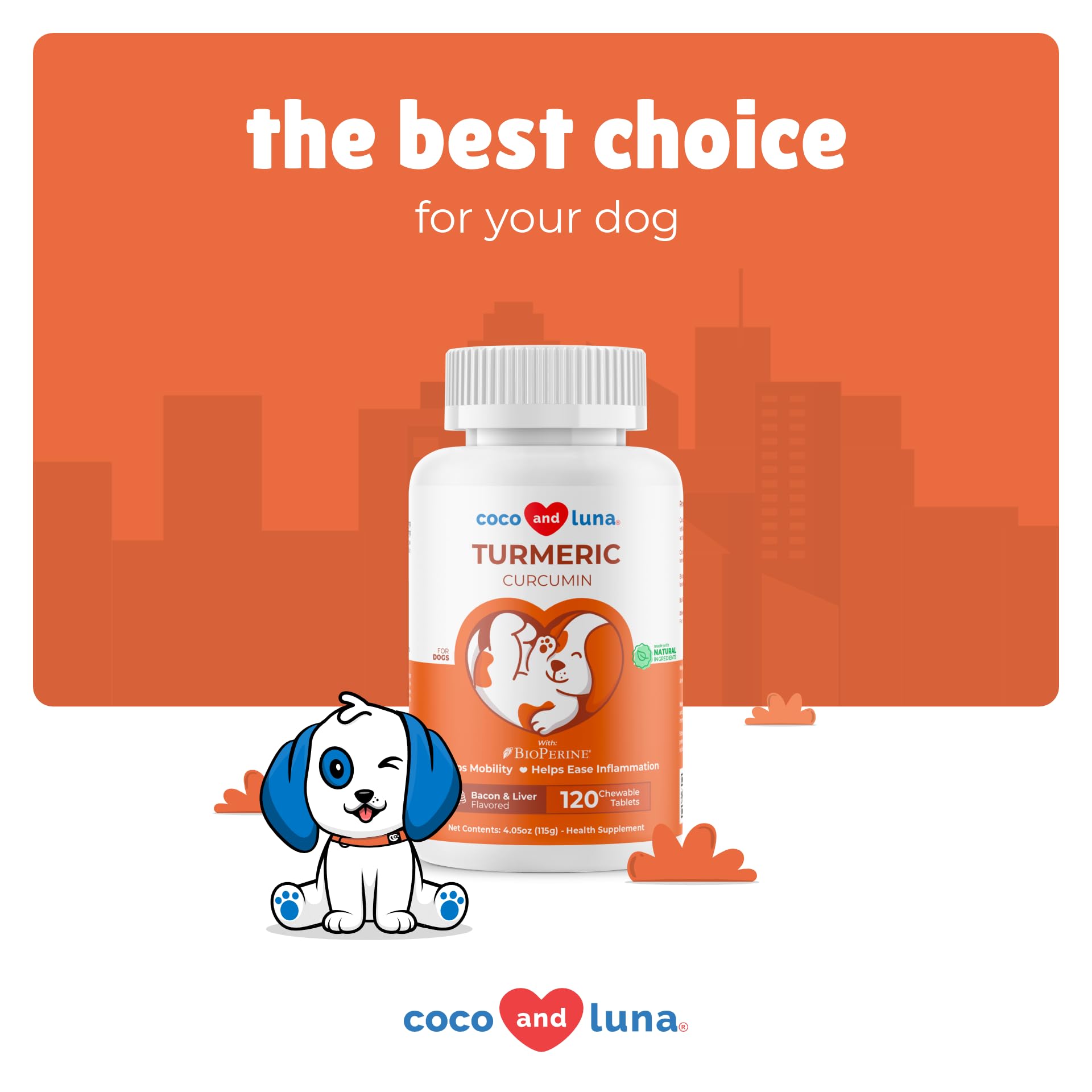 Coco and Luna dogs turmeric chew near a bowl supporting joint comfort.