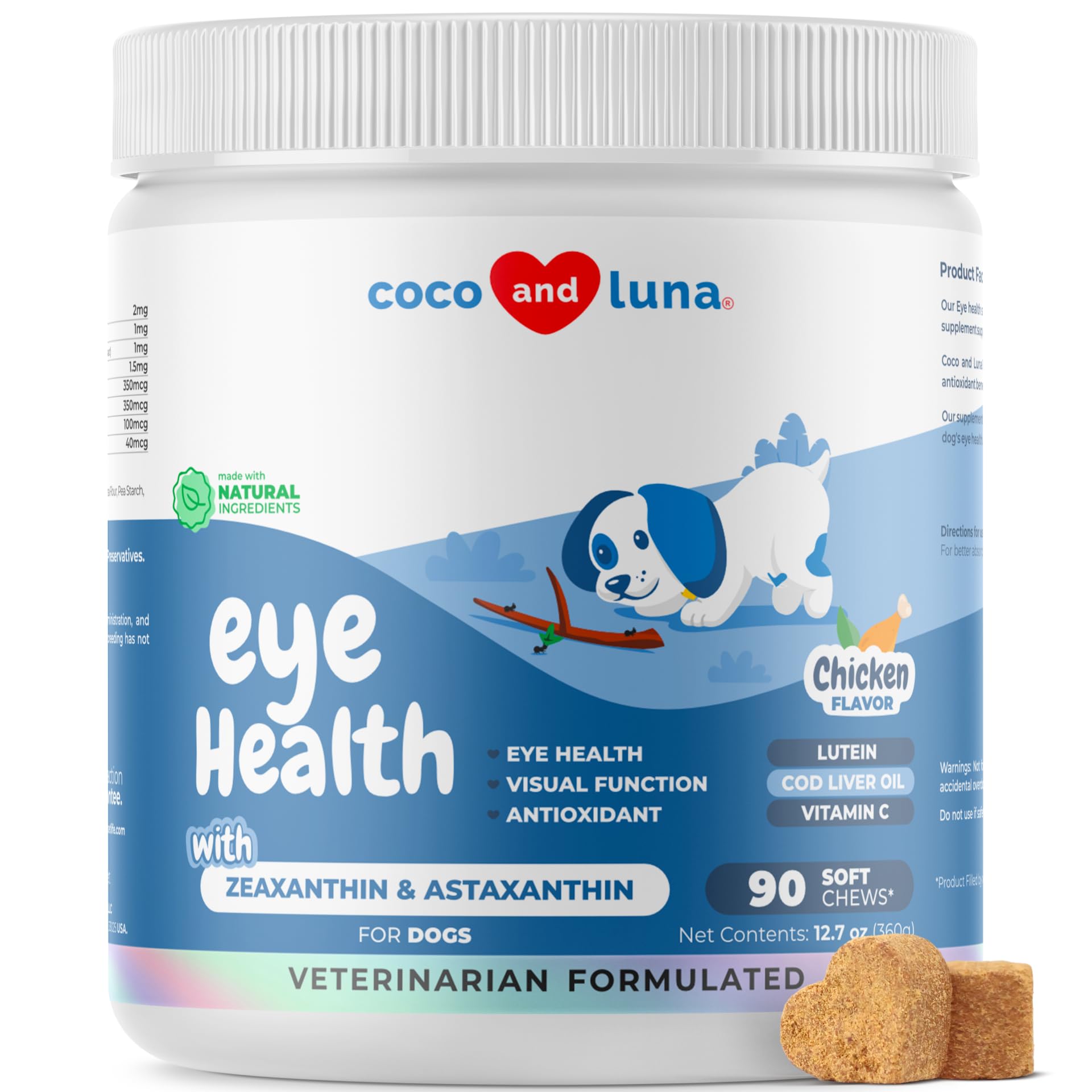 Coco and Luna Eye Health bottle with soft chews supporting eye health