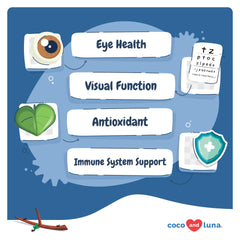 Coco and Luna Eye Health ingredients like bilberry and astaxanthin promoting eye function