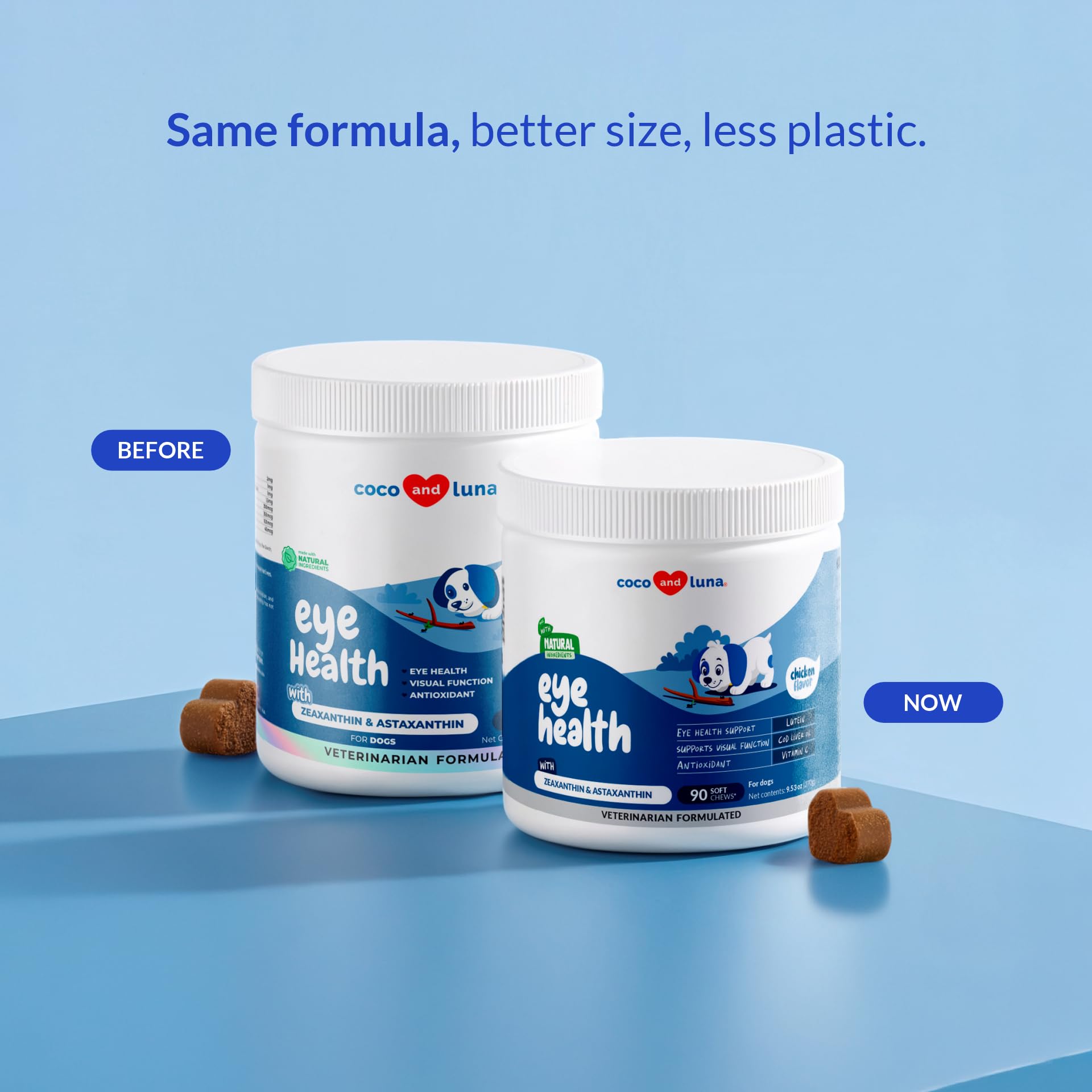 Close-up of Coco and Luna Eye Health soft chews aiding daily vision support
