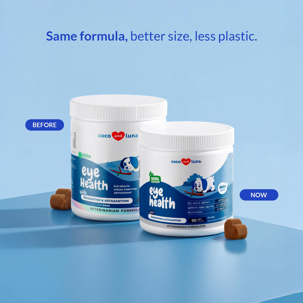 Close-up of Coco and Luna Eye Health soft chews aiding daily vision support