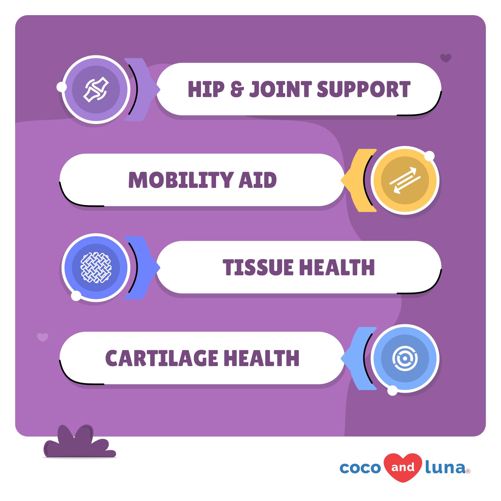 Coco and Luna glucosamine tablets close-up help preserve joint integrity.
