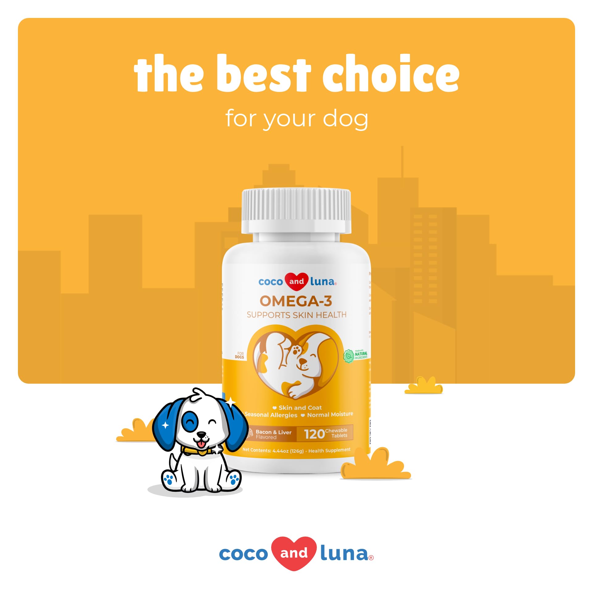 Coco and Luna happy, active dog enjoying omega-3 chews.