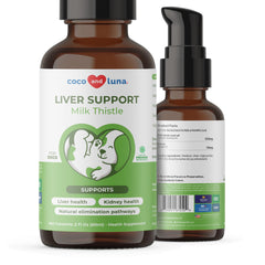 Coco and Luna Milk Thistle Drops poured for easy dosing and potential liver support.