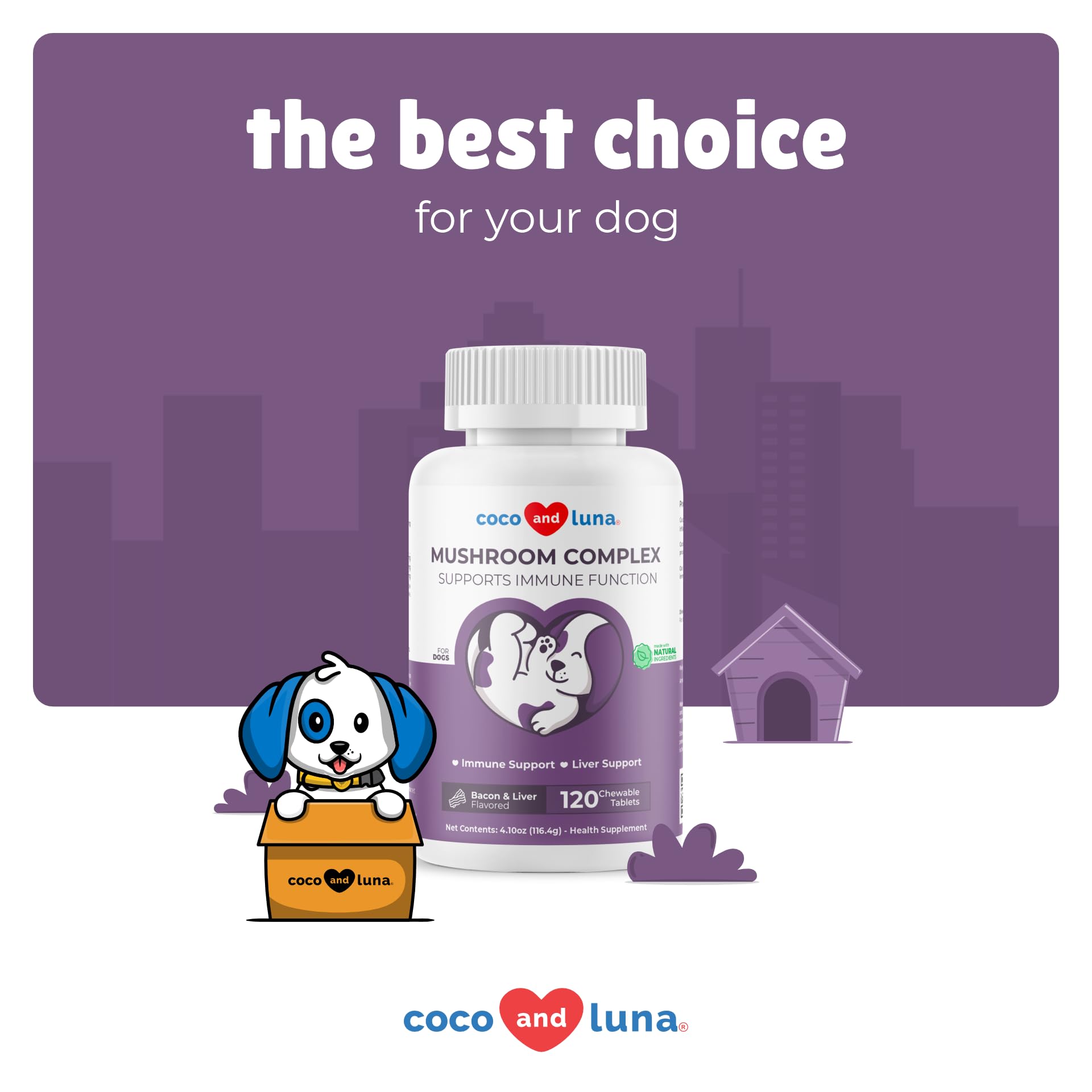 Coco and Luna packaging — 120 chewable tablets for daily wellness.