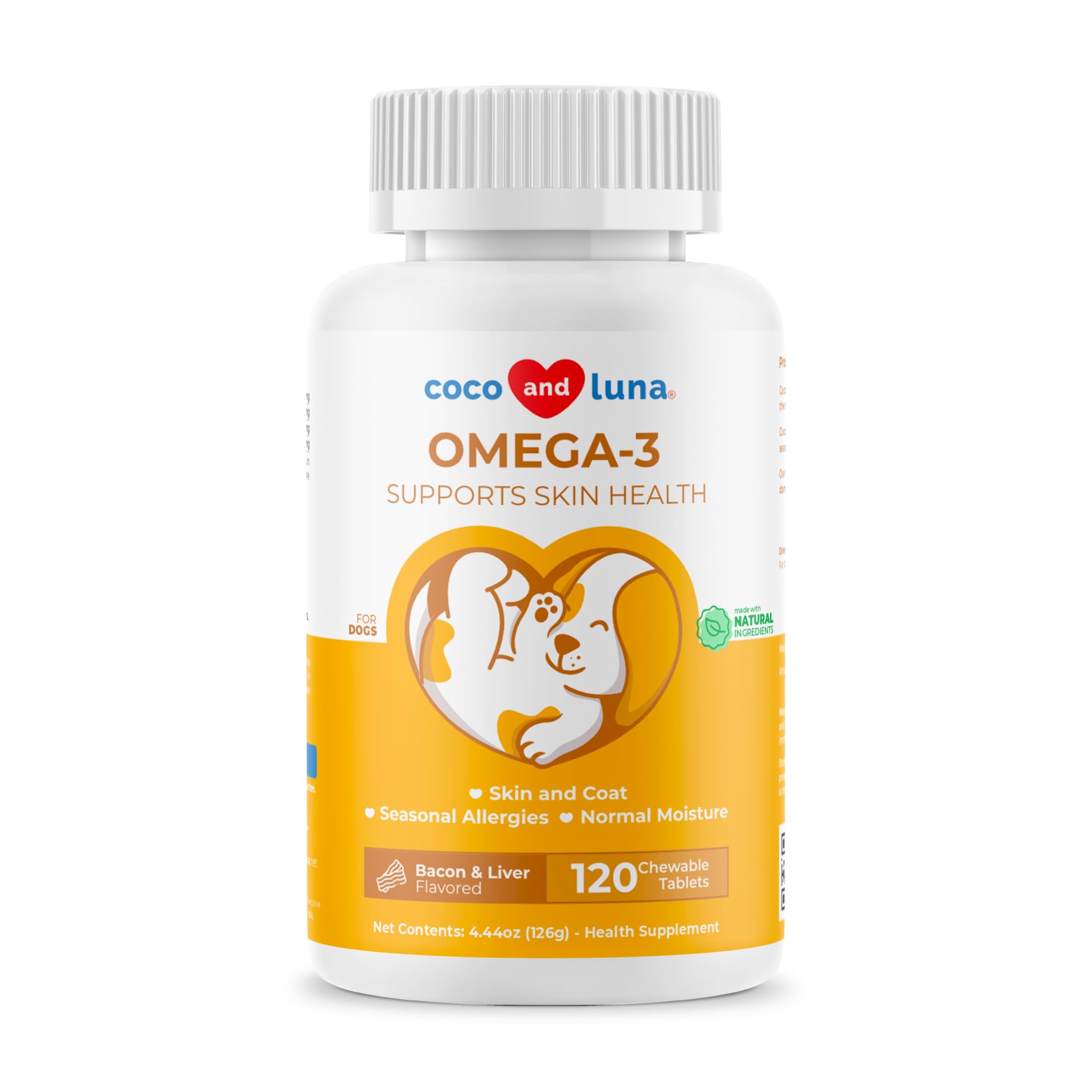 Coco and Luna omega-3 dog tablets bottle for daily coat support.