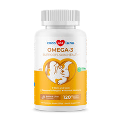 Coco and Luna omega-3 dog tablets bottle for daily coat support.