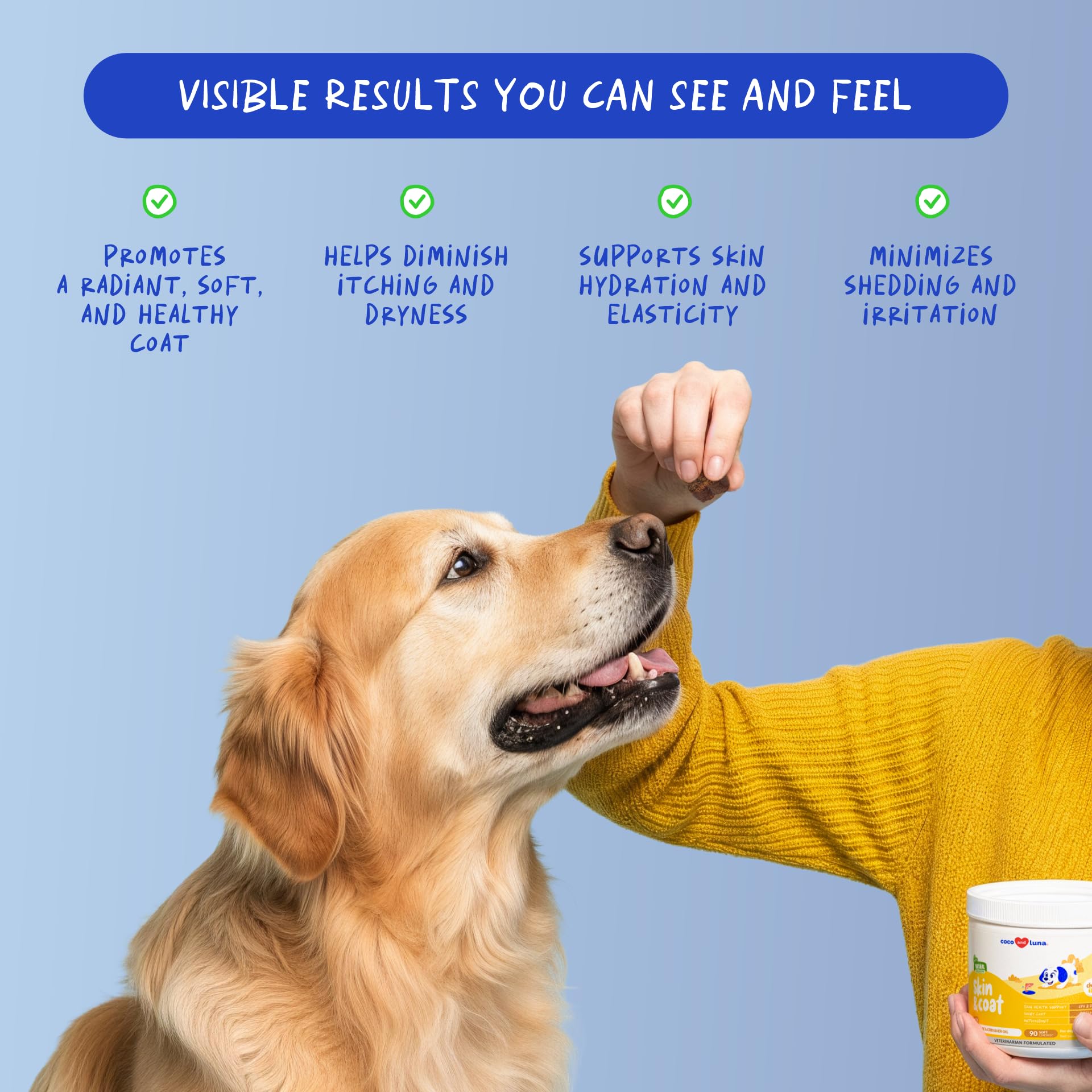 Coco and Luna Omega3 dog coat shine image shows healthier-looking fur and less scratching