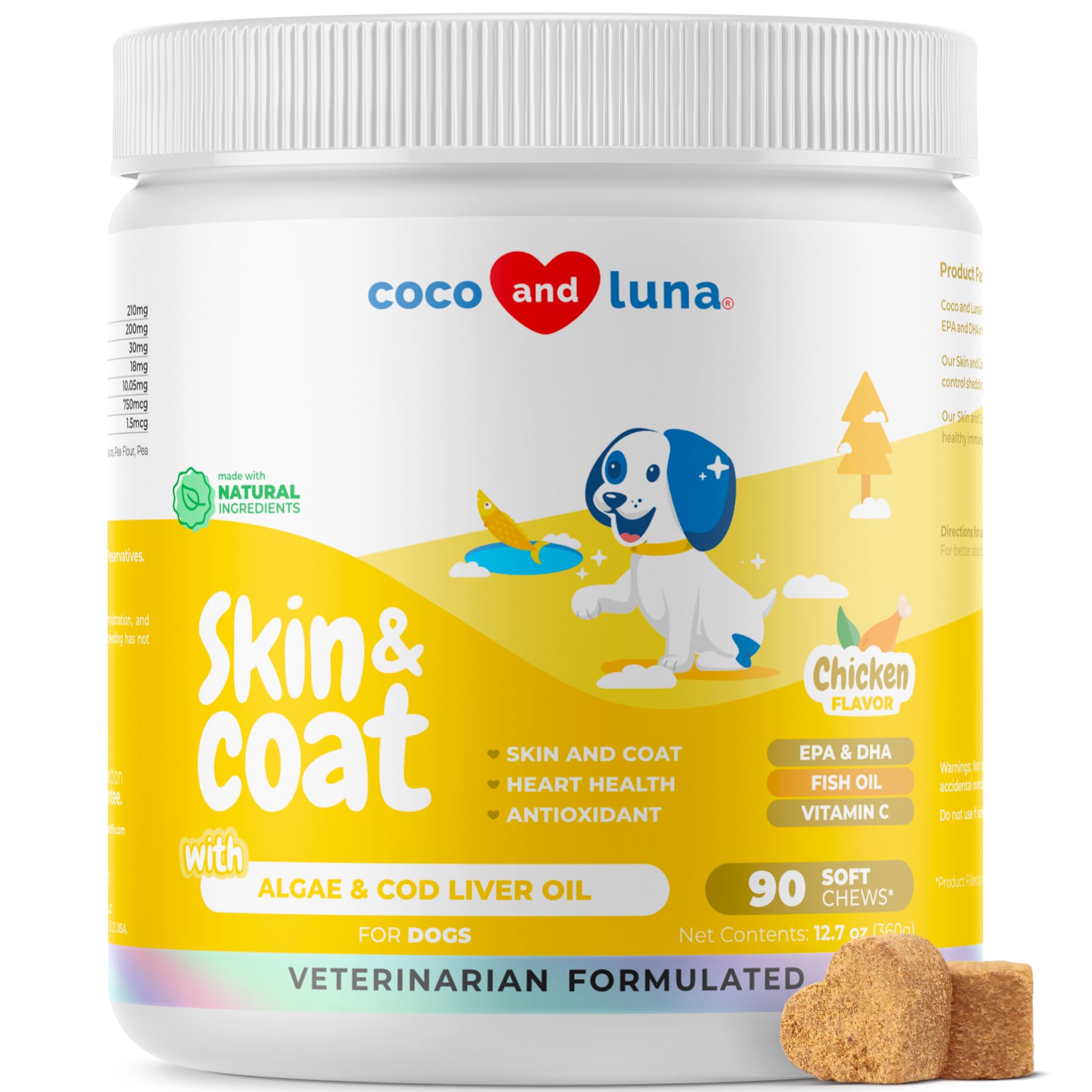 Coco and Luna Omega 3 dog soft chews bottle boosts coat vitality and skin comfort