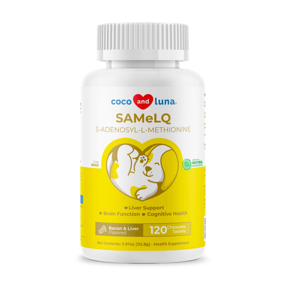 Coco and Luna Same for Dogs chewable tablets in bottle for brain health support.
