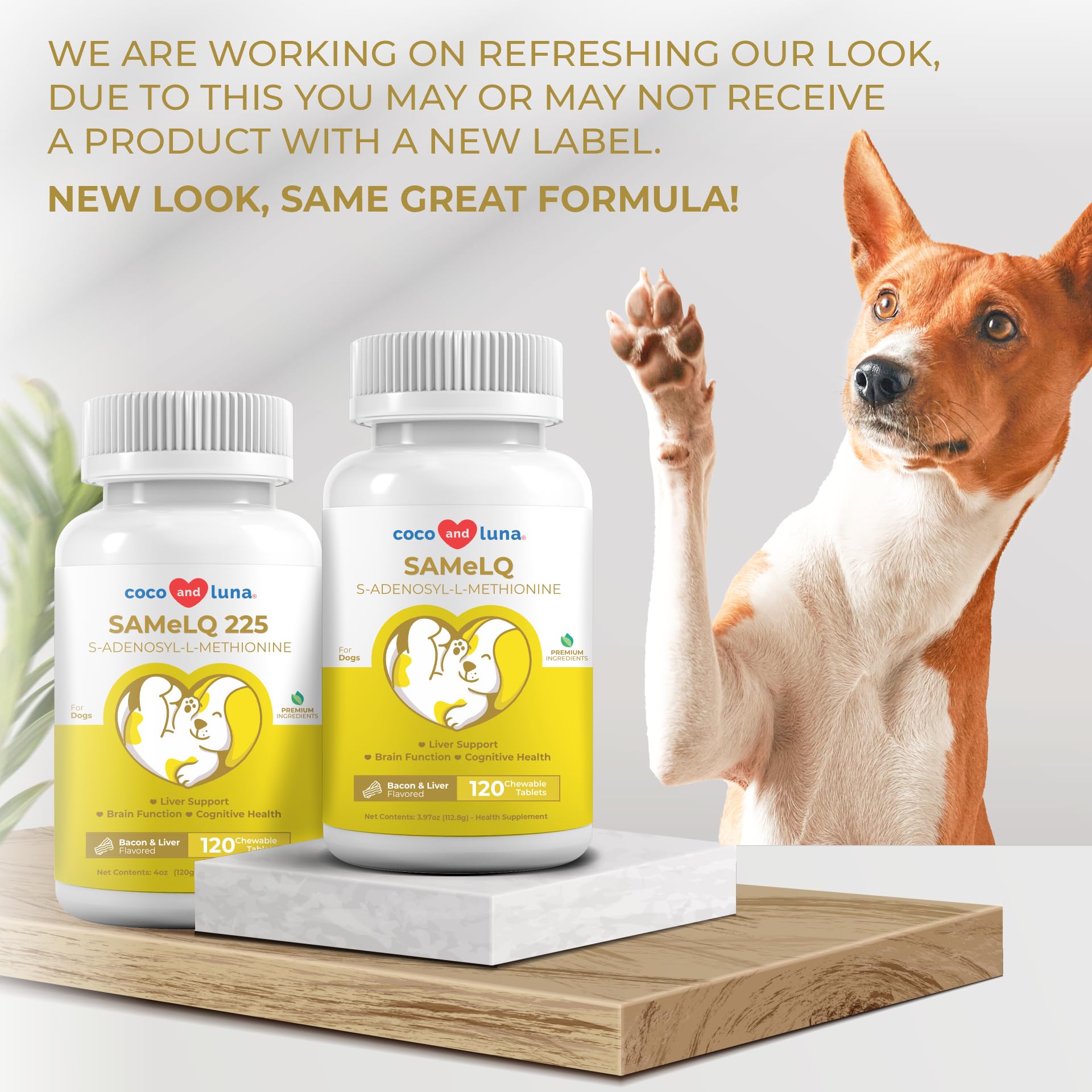 Coco and Luna Same for Dogs label highlights natural SAMe for liver support.
