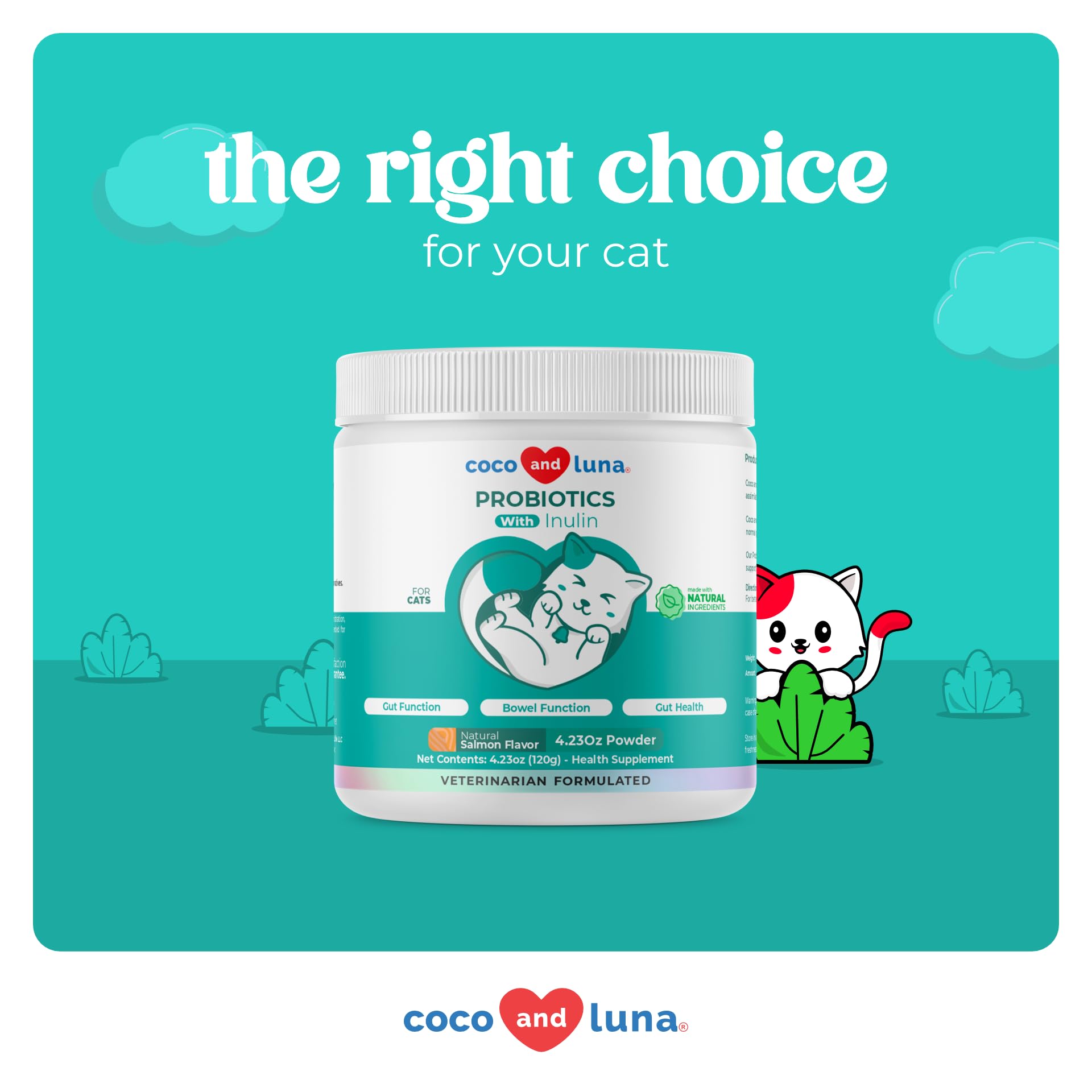 Coco and Luna vet-formulated cat probiotic formula highlights quality and care.