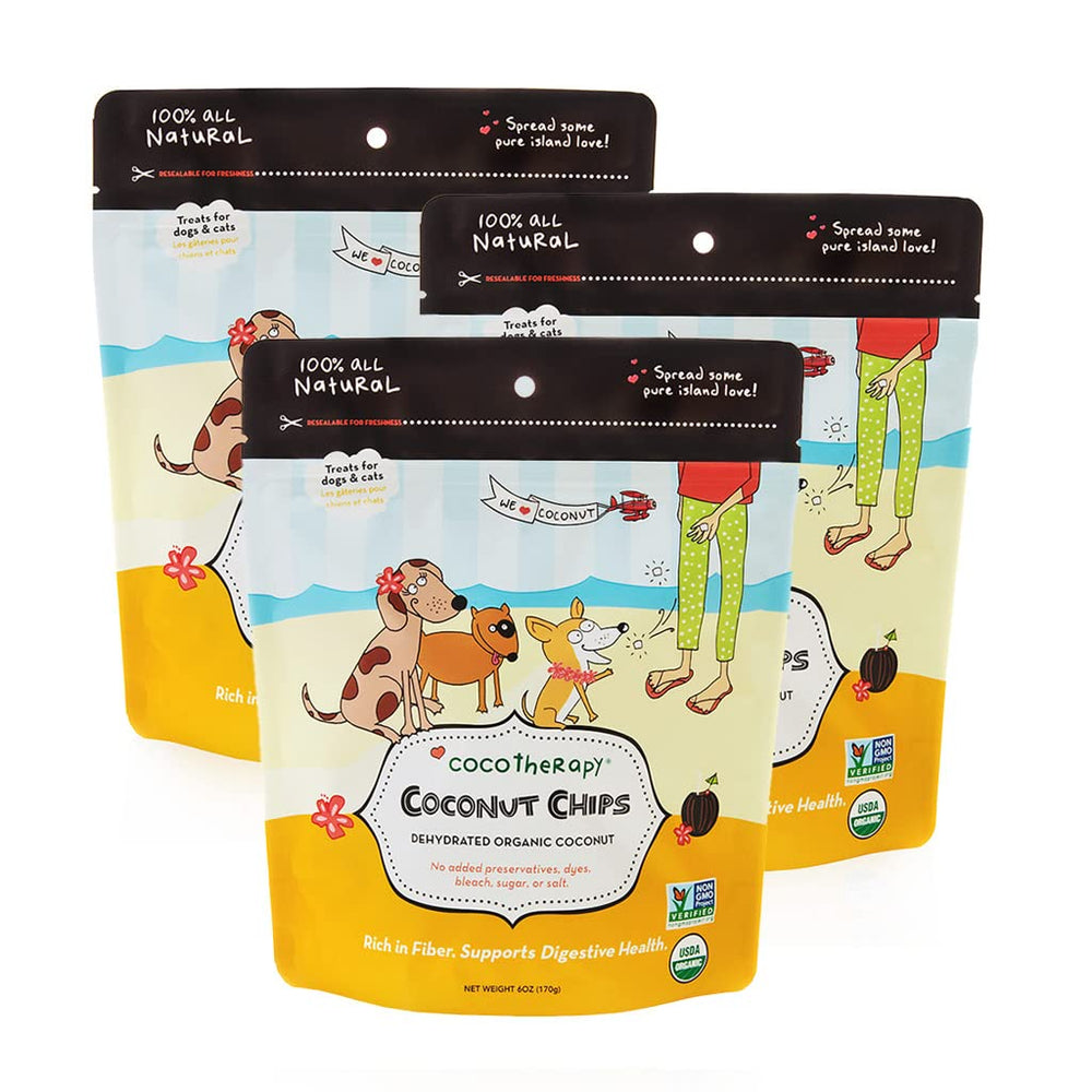 CocoTherapy coconut chips 3-pack packaging with resealable bags for freshness.