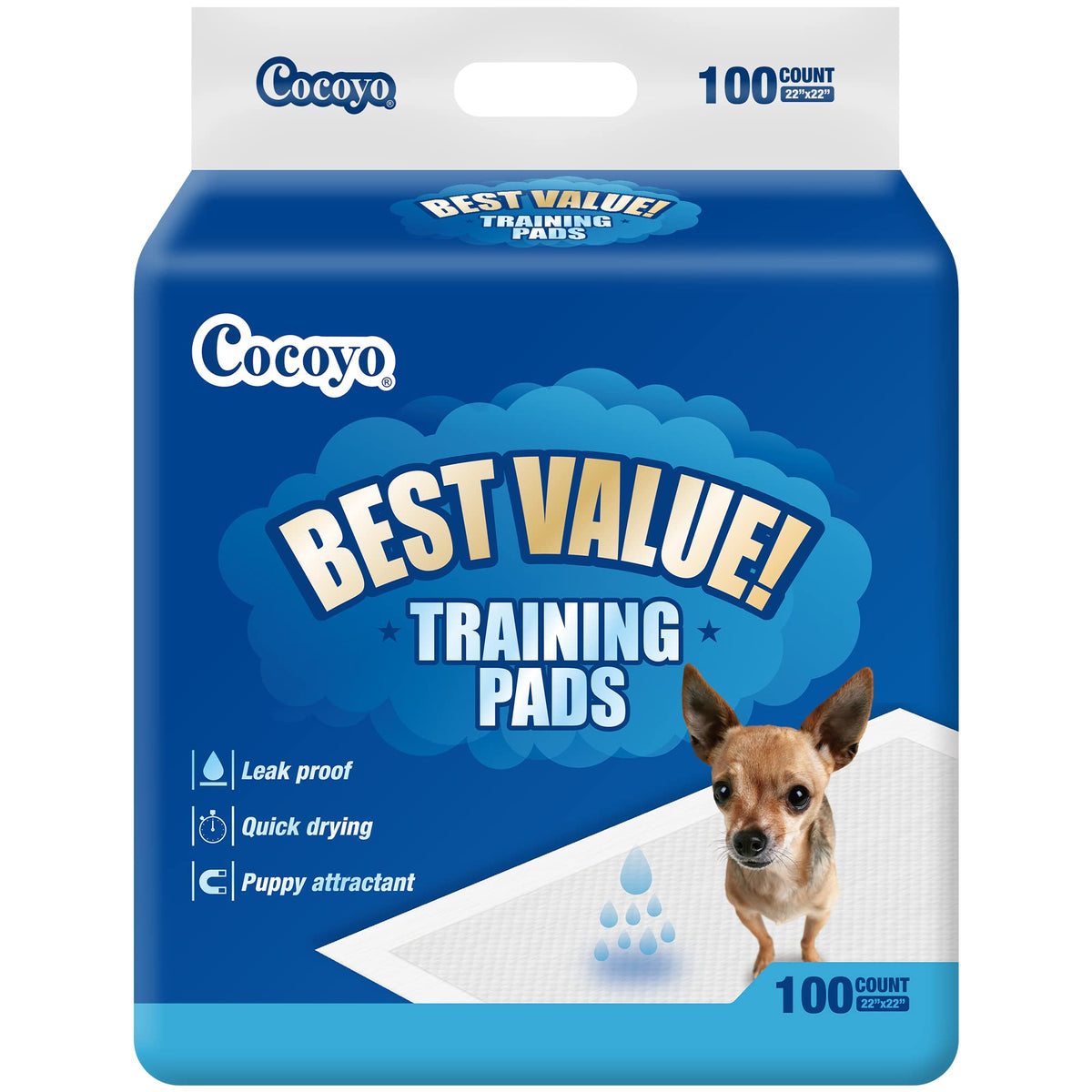 COCOYO best-value training pads 22x22 top view for convenient puppy training.