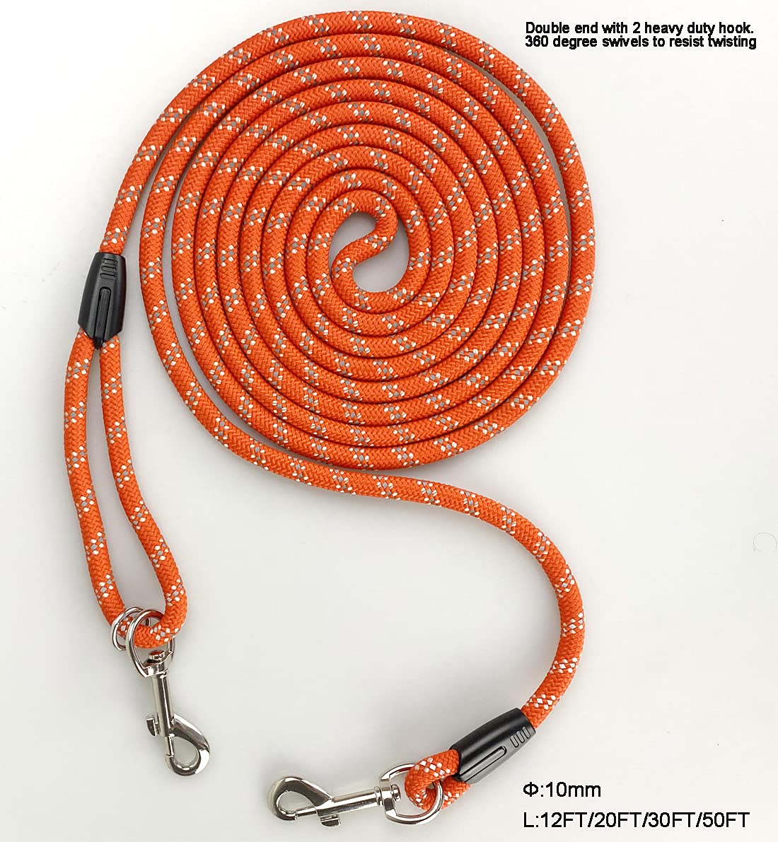 Codepets Long Rope Dog Leash features double-end hooks and 360 swivels to prevent twisting