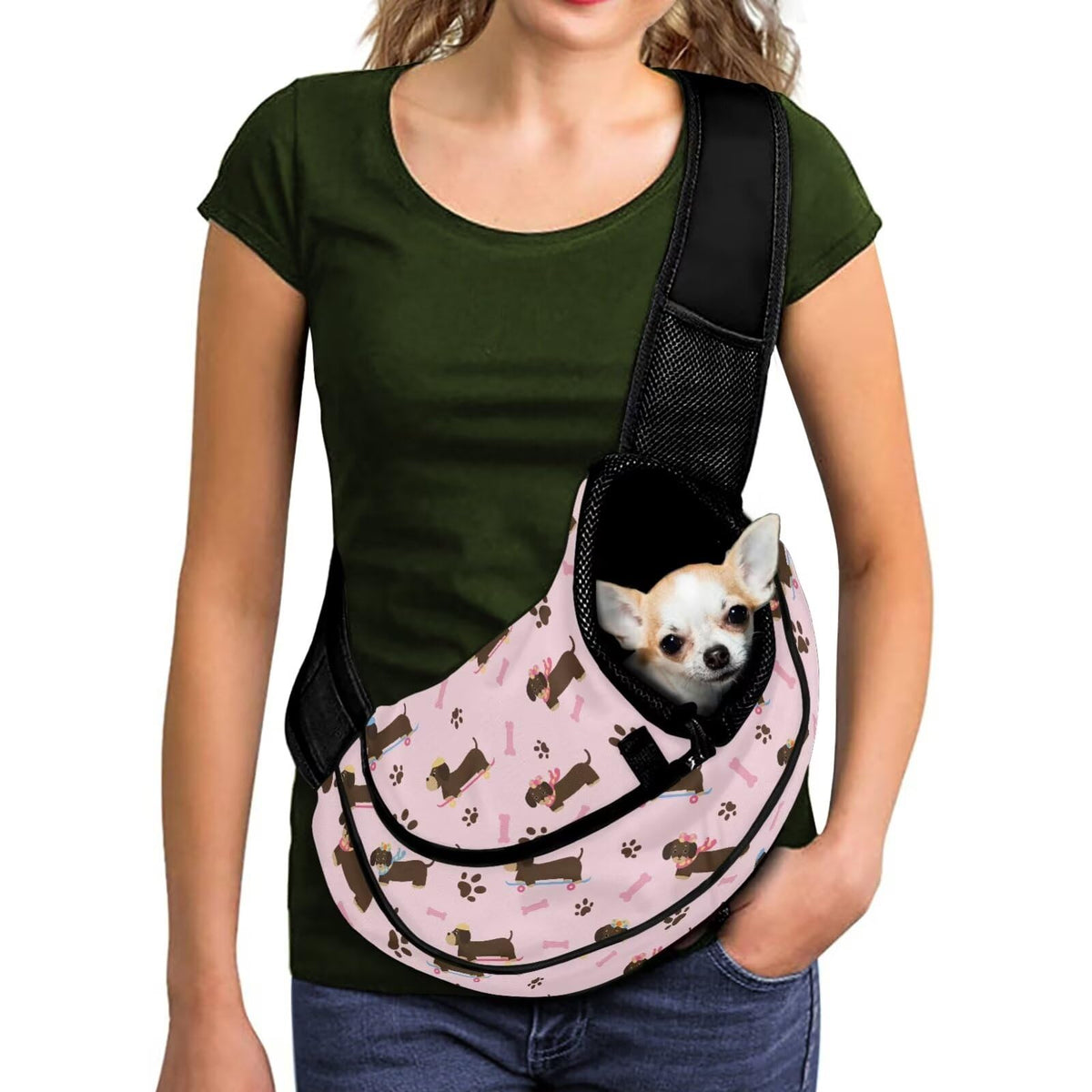 COEQINE dog carrier pink dachshund front view shows secure fit for on-the-go travel