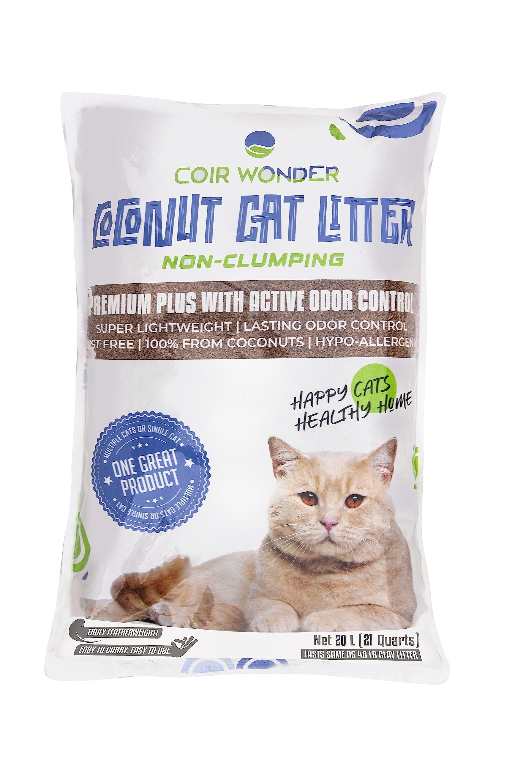 Coir Wonder coconut husk cat litter packaging shows lightweight, eco-friendly option for homes