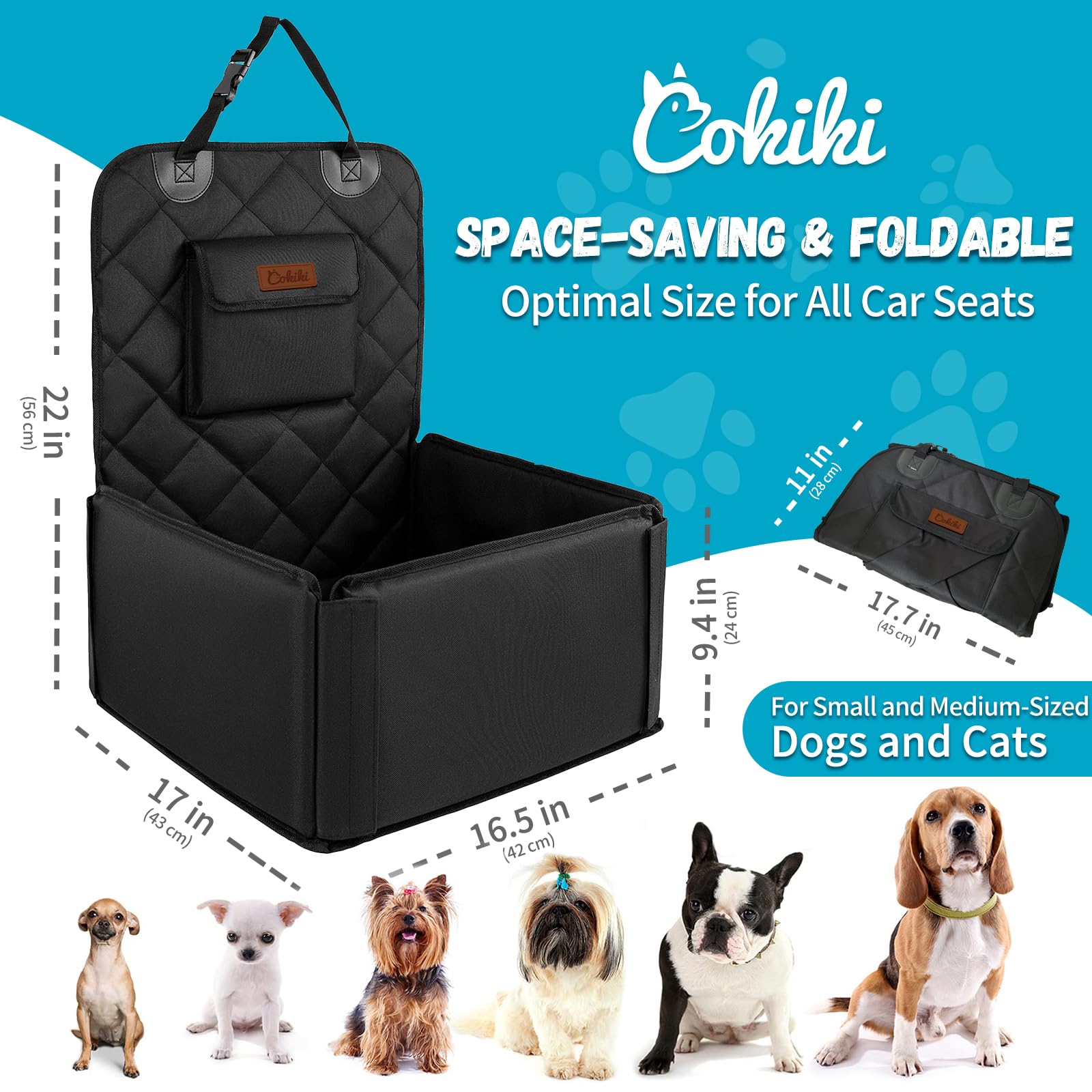 Cokiki dog car seat folded flat for compact storage.