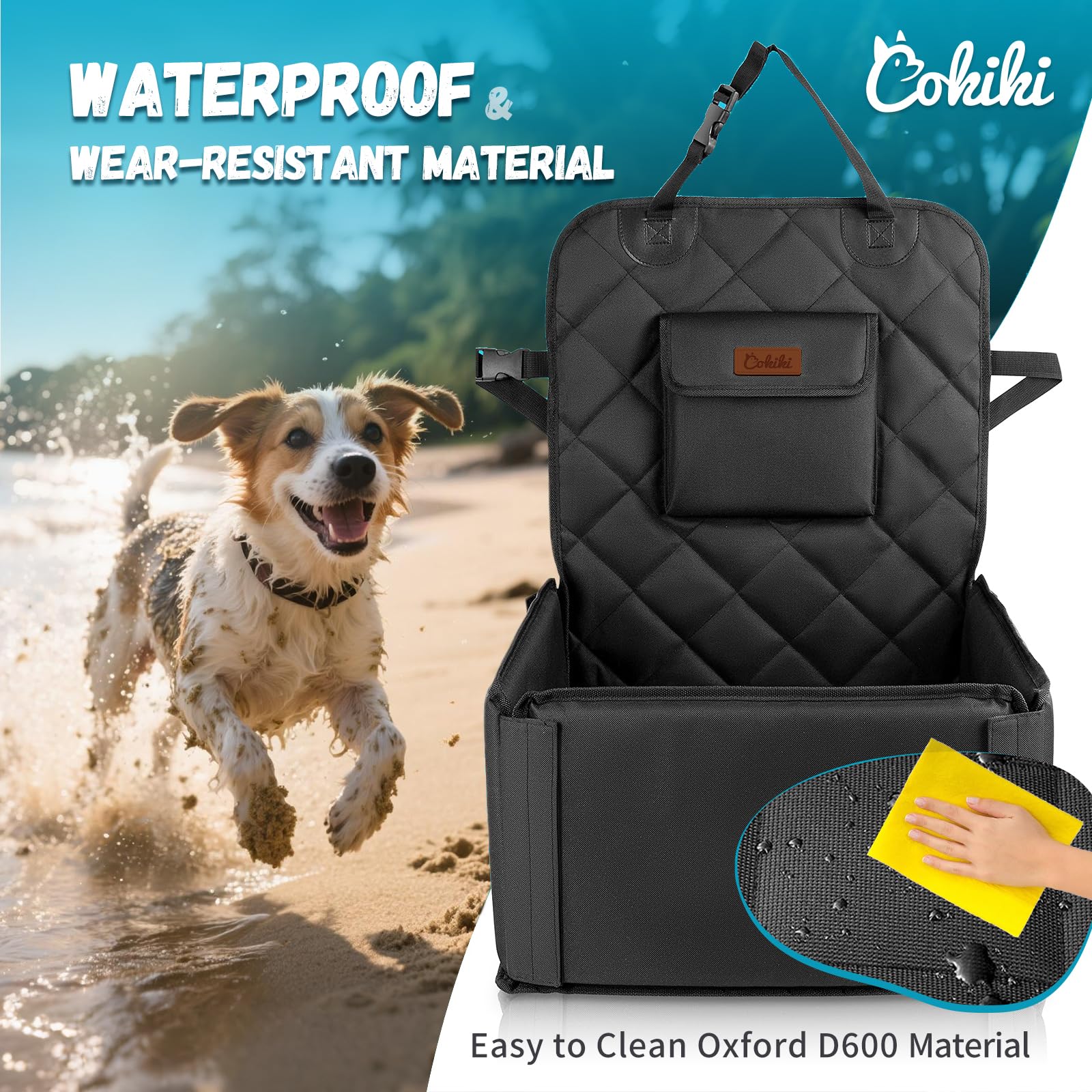 Cokiki dog car seat buckle clip securing to vehicle belt.