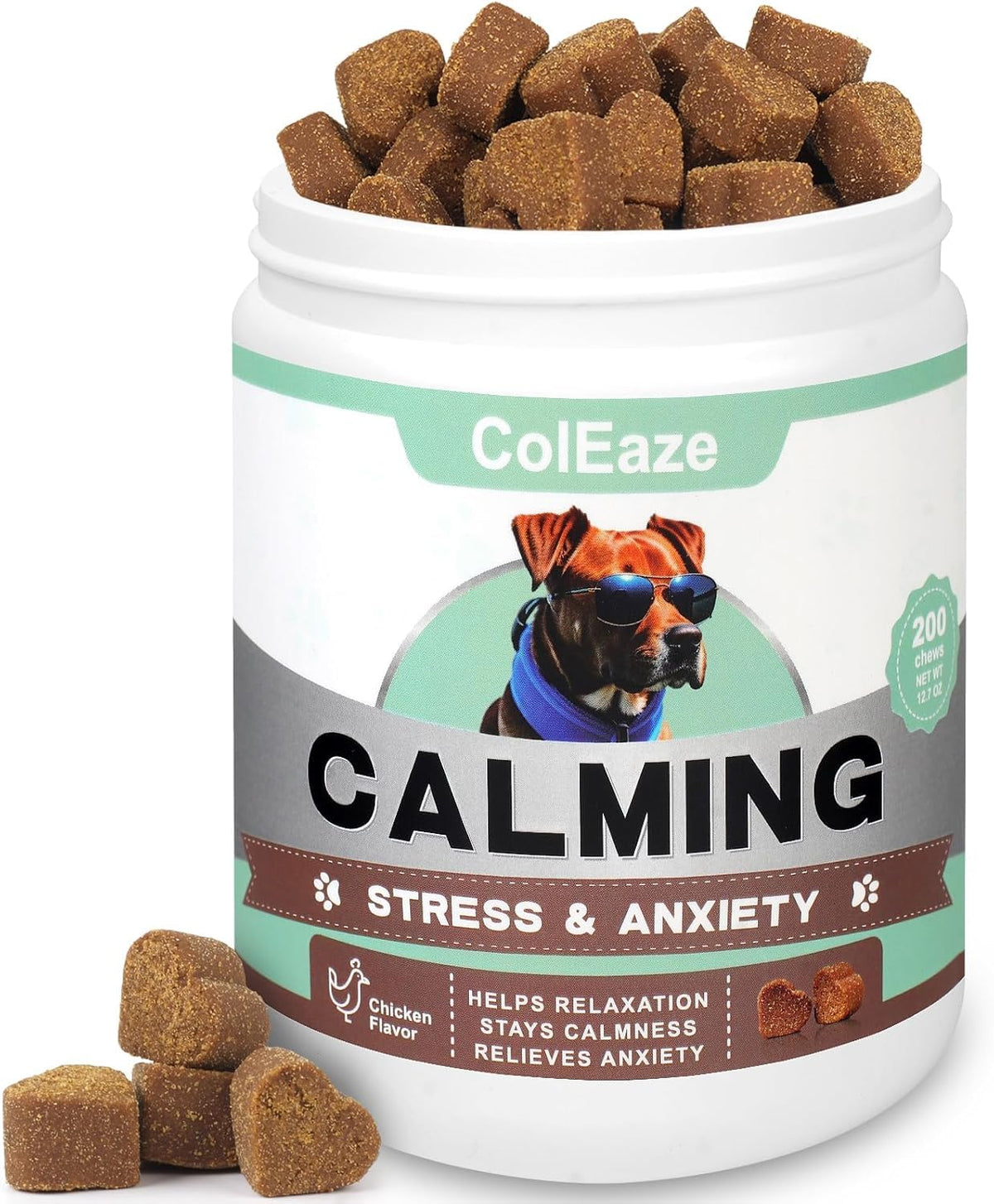 ColEaze Calming Chews bottle closeup highlighting calming benefits for dogs