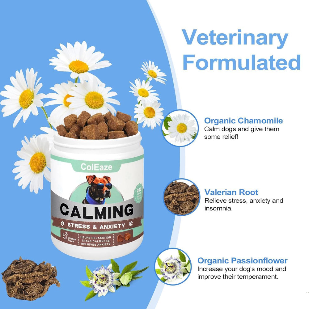 ColEaze Calming Chews packaging on shelf suggesting stress-relief for anxious dogs