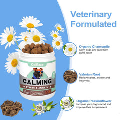 ColEaze Calming Chews packaging on shelf suggesting stress-relief for anxious dogs