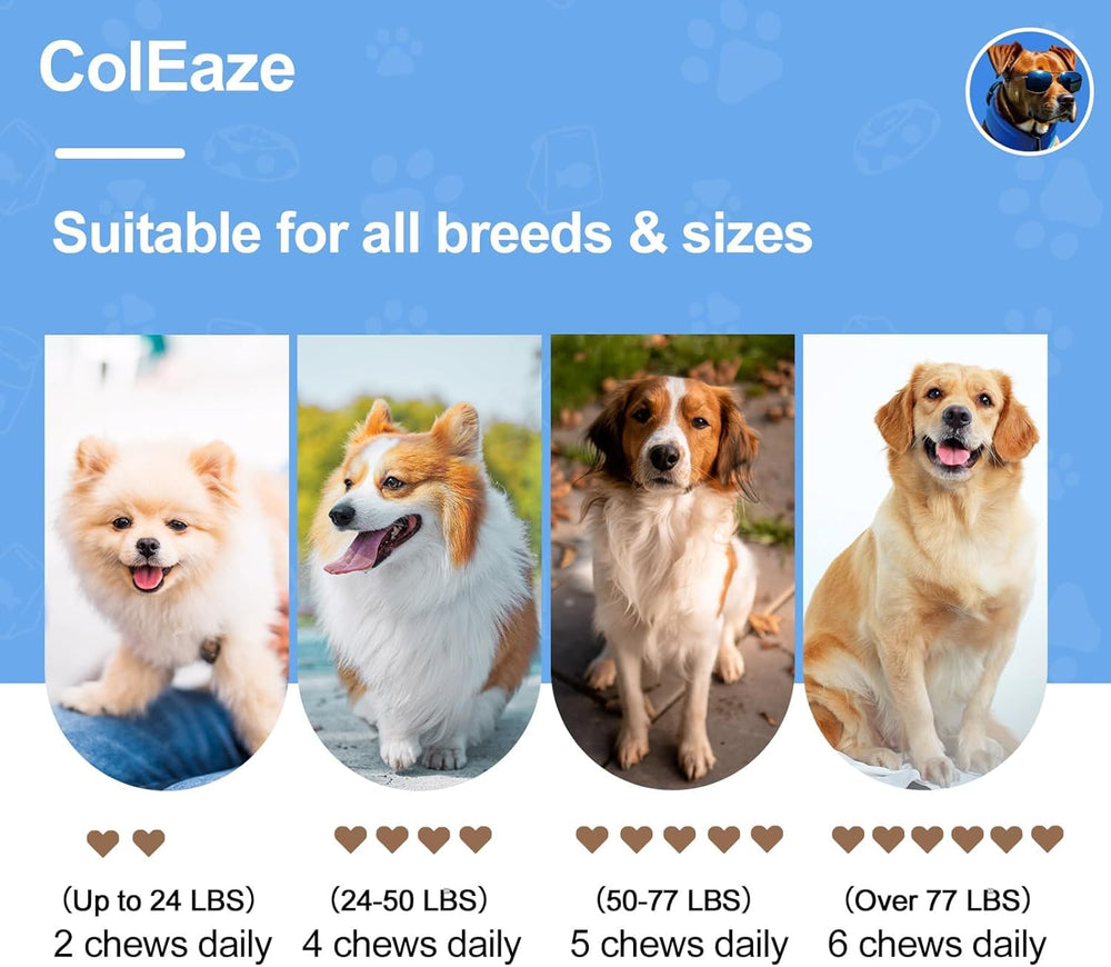 ColEaze Calming Chews dosage guidance for different dog sizes