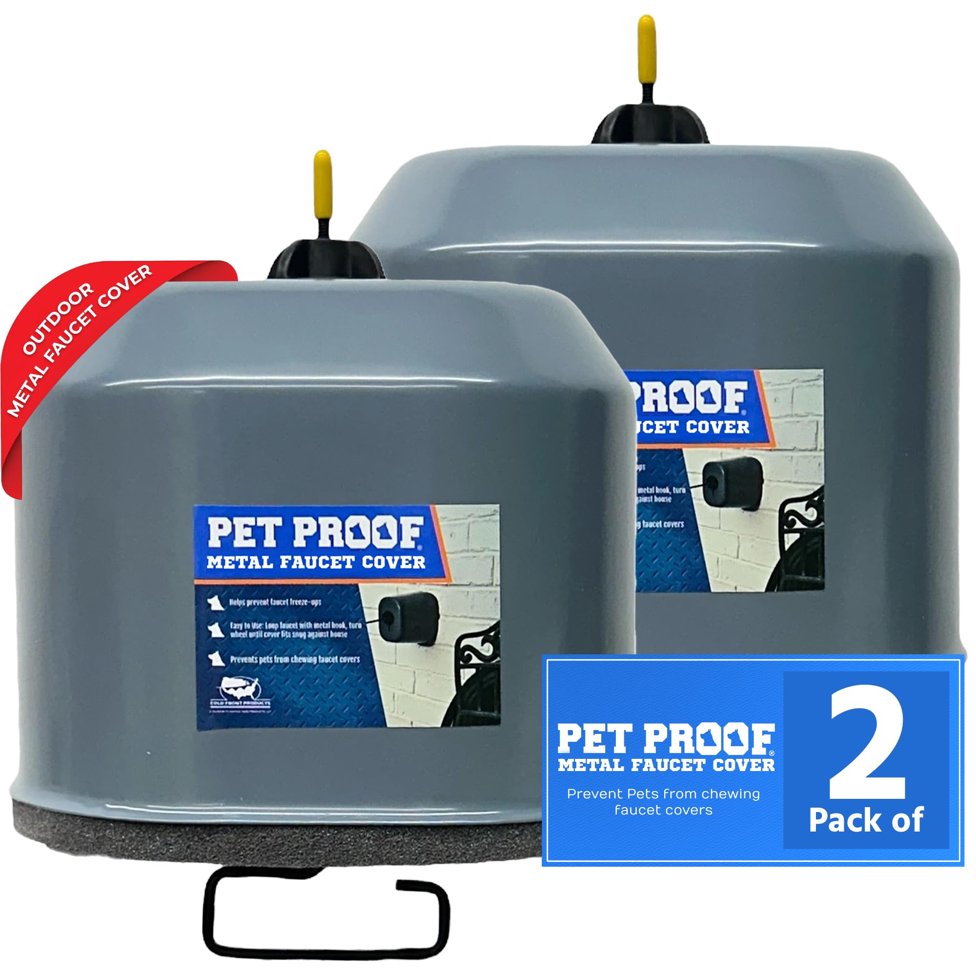 Cold Front Product metal faucet cover on outdoor faucet protects pets from chewing.